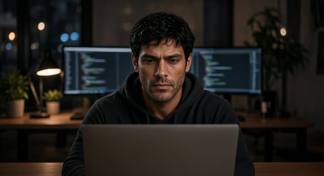 Bash at the desk, eyes on the laptop, mouth closed